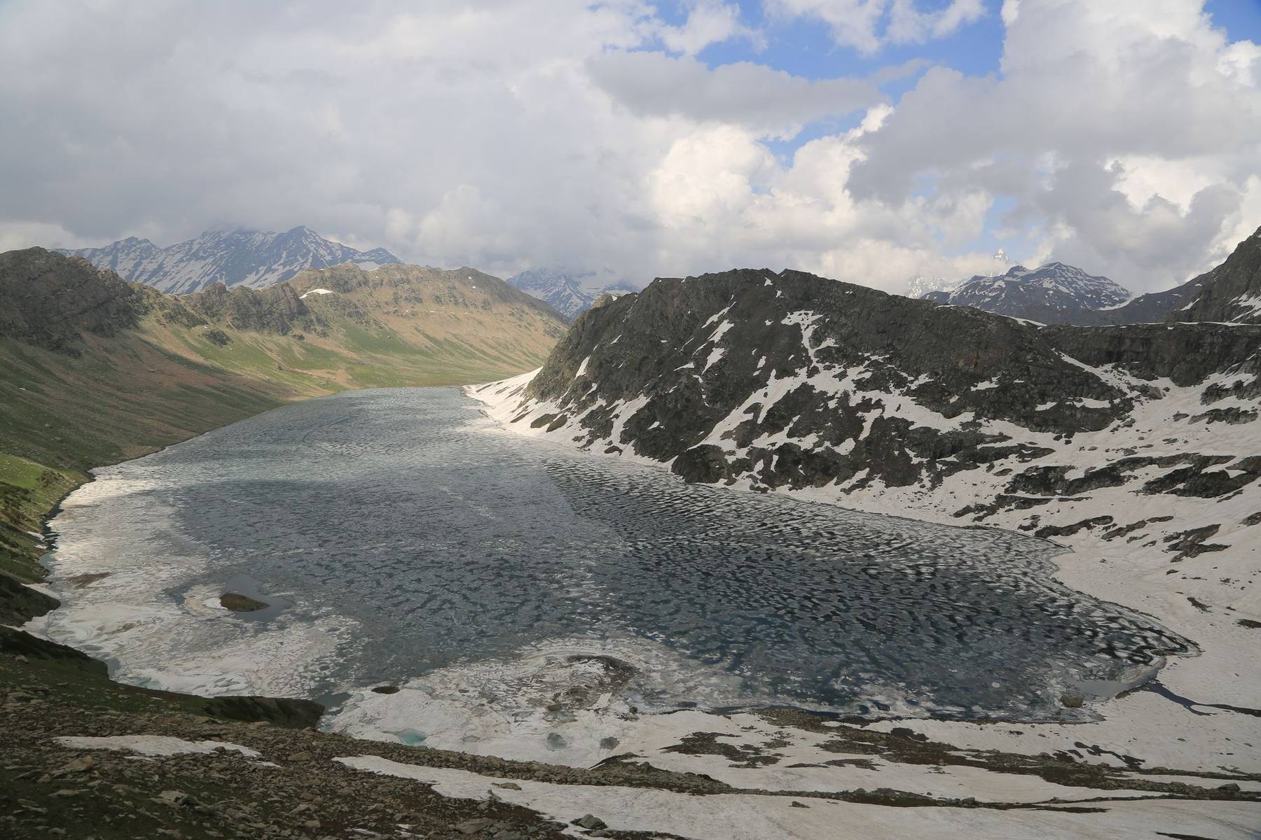 High-altitude alpine lake and snow peaks in Kashmir
