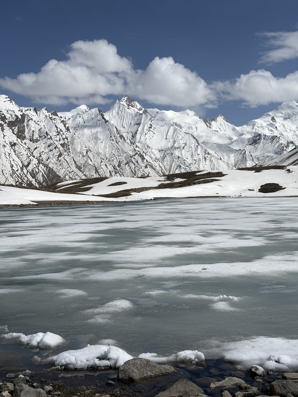 High-altitude alpine lake and snow peaks in Kashmir
