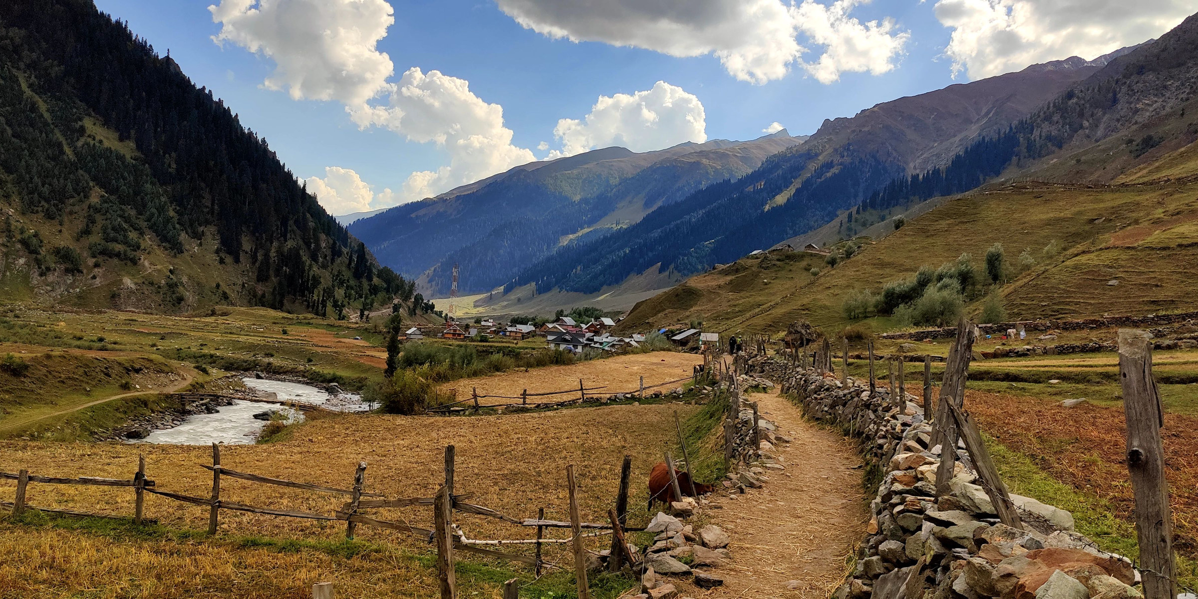 Path through Warwan Valley toward the village and mountains